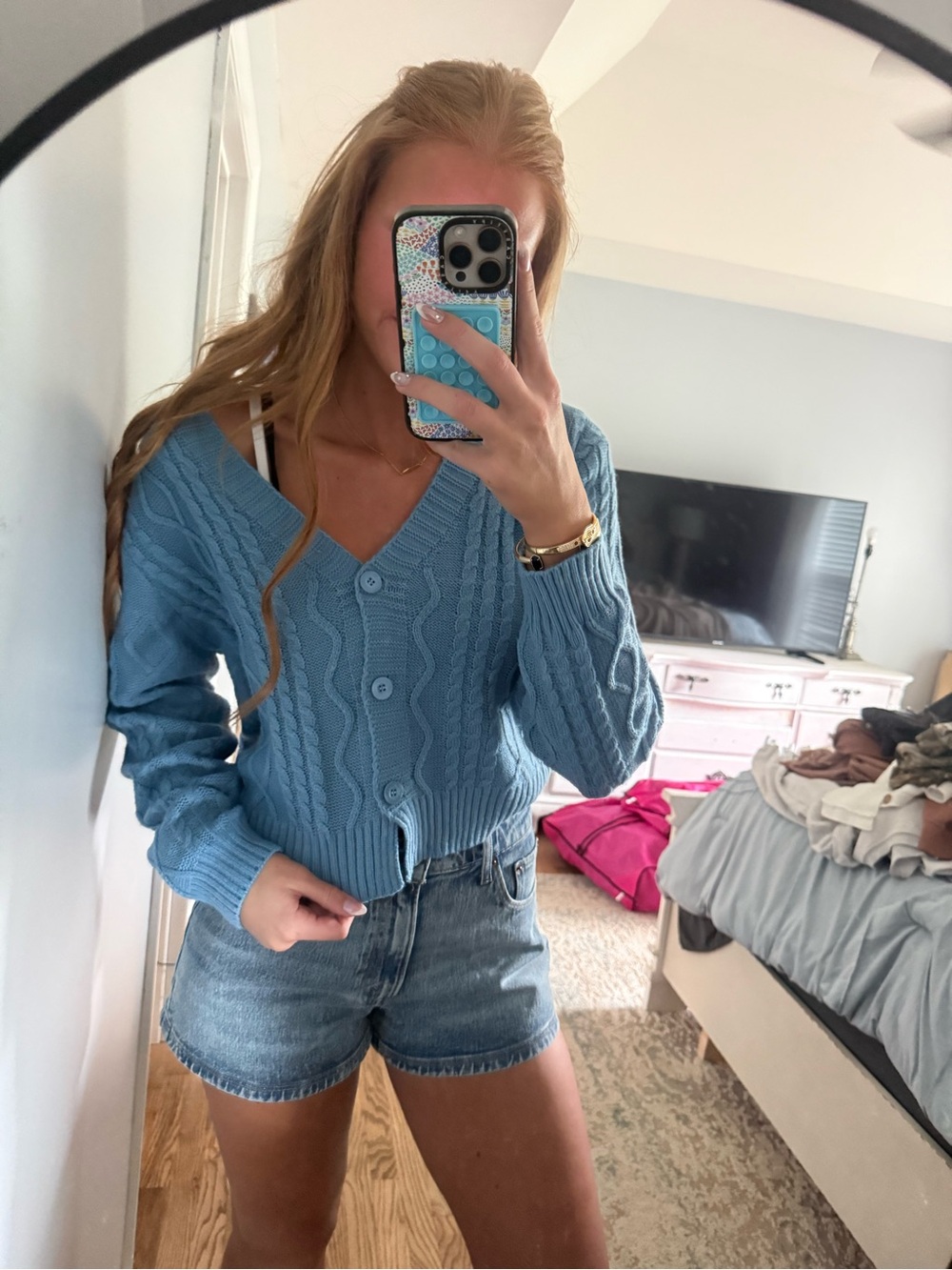 Light Blue Cable-Knit V-Neck Button Cardigan Sweater